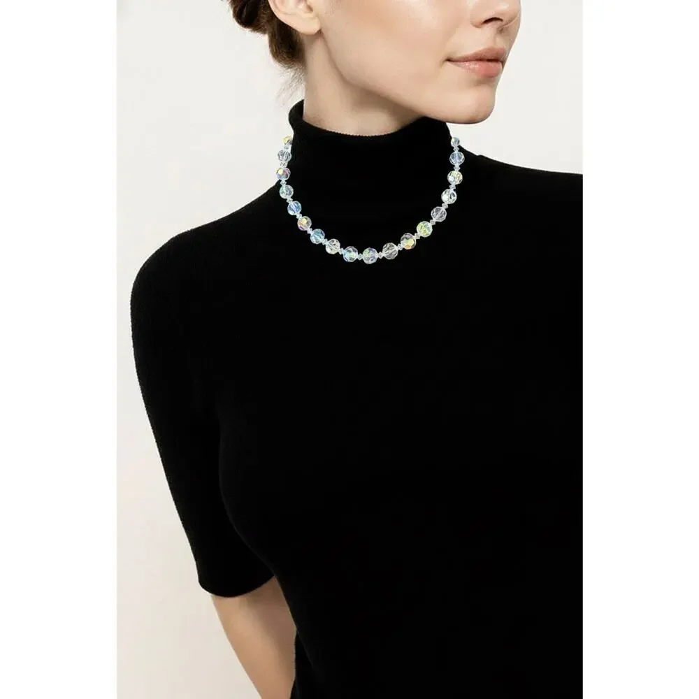 Vtg Crystal Necklace Aurora Borealis‎ Adjustable 3 1/4” Beads 16” Collectible